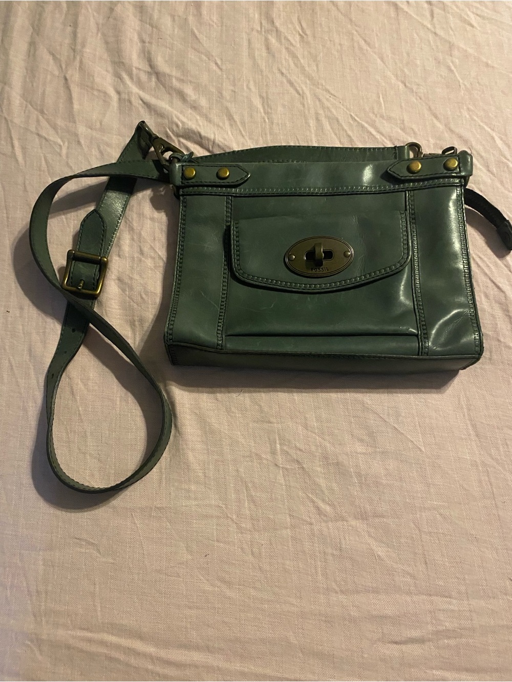 Fossil Green Leather Crossbody with Turn-Lock Front Pocket